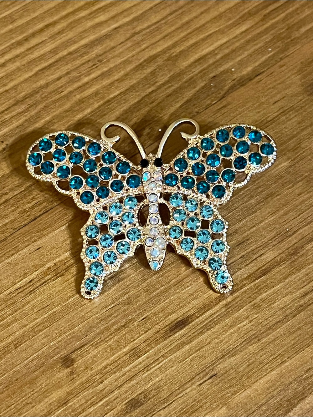 Butterfly brooch with two tone turquoise blue light blue rhinestones 1 1/2”